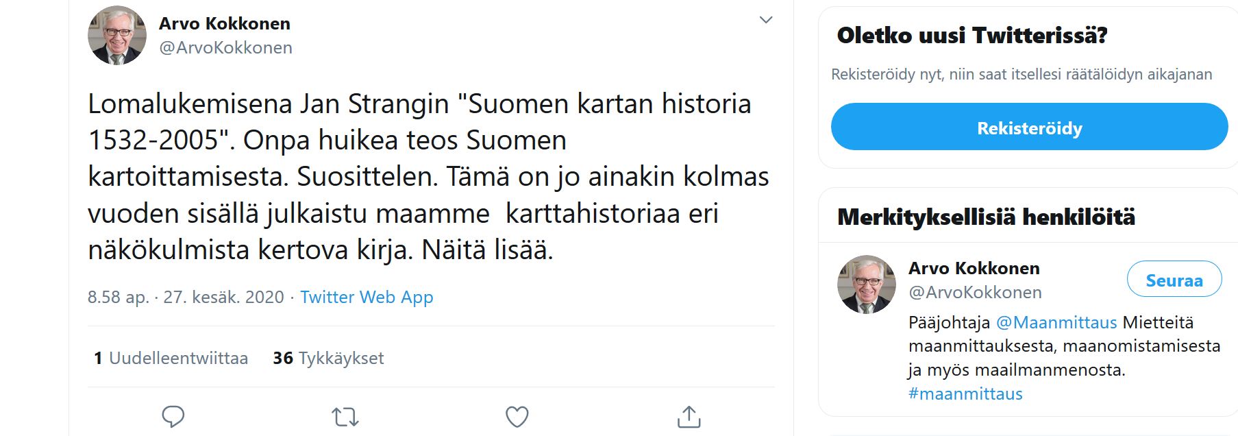 Maanmittauslaitoksen pjohtajan Arvo Kokkosen twiitti 27.6.2020